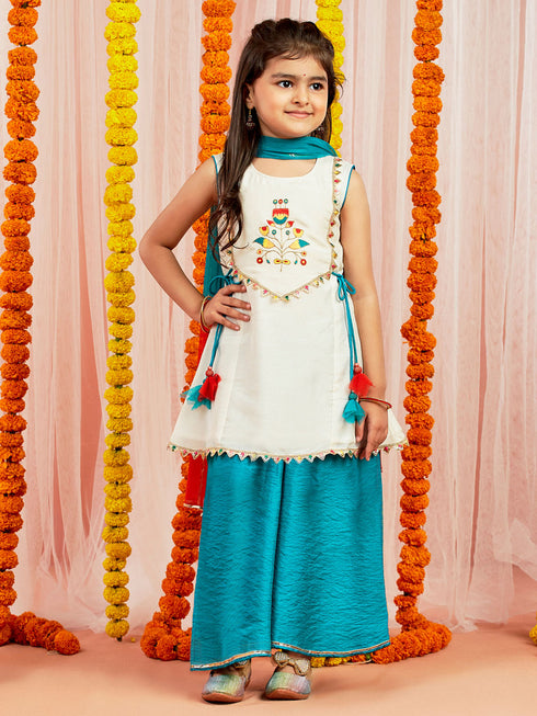 Girl's' White And Blue Kurta Plazoo And Dupatta Set